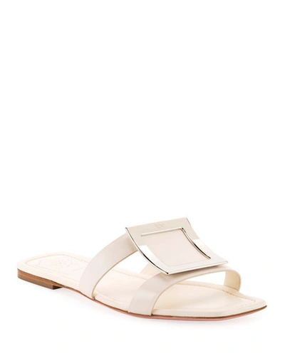 Shop Roger Vivier Flat Leather Buckle Sandals In White