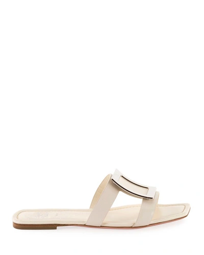 Shop Roger Vivier Flat Leather Buckle Sandals In White