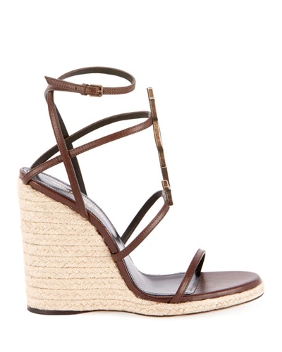 Shop Saint Laurent Cassandre Wedge Espadrilles With Golden Ysl Logo In Chocolate