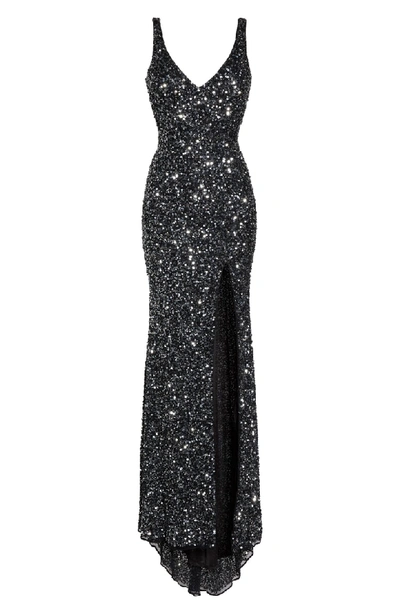 Shop Mac Duggal Sequin Slit Gown In Black