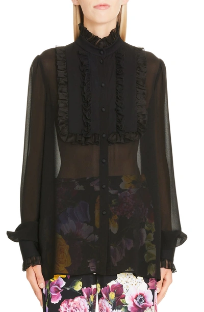 Shop Dolce & Gabbana Ruffle Bib Sheer Stretch Silk Blouse In N0000 Black