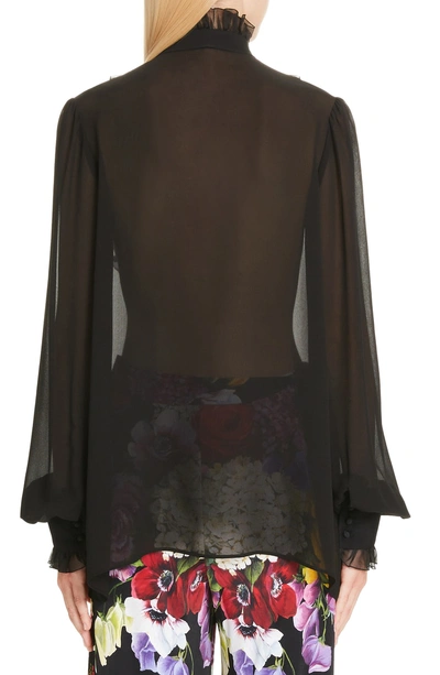 Shop Dolce & Gabbana Ruffle Bib Sheer Stretch Silk Blouse In N0000 Black