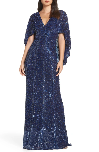 Shop Mac Duggal Sequin Cape Sleeve Evening Dress In Midnight