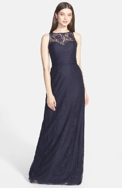 Shop Amsale Illusion Yoke Lace Gown In Navy