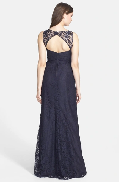 Shop Amsale Illusion Yoke Lace Gown In Navy