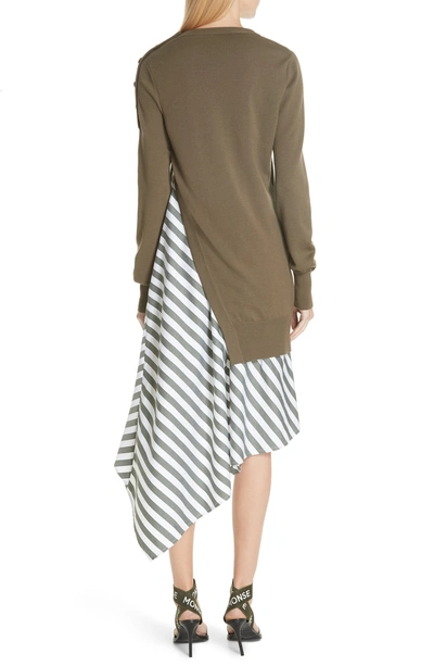 Shop Monse Knit & Stripe Poplin Asymmetrical Dress In Olive/ White