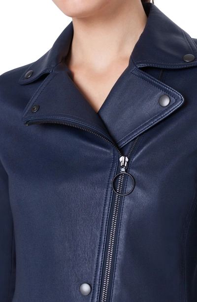 Shop Akris Punto Leather Front Long Biker Jacket In Blu Mare