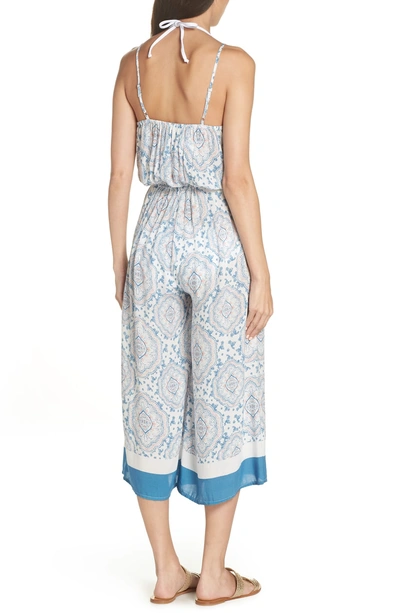 Shop Surf Gypsy Tie Front Cover-up Gaucho Jumpsuit In Blue/ Coral Candy