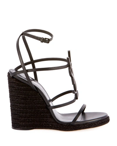 Shop Saint Laurent Cassandra Wedge Espadrilles With Tonal Ysl Logo In Black