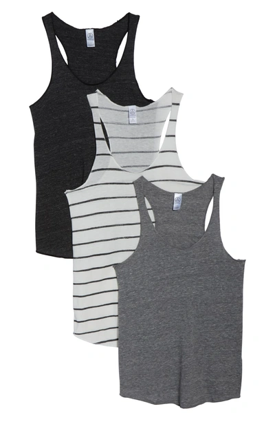 Shop Alternative Meegs Eco Jersey Set Of 3 Tanks In Black/ Ivory Ink Stripe/ Grey