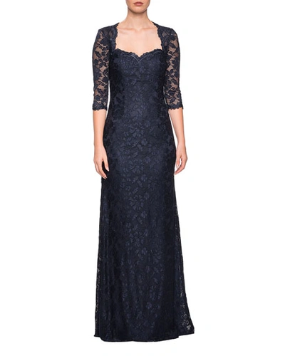 Shop La Femme Sweetheart 3/4-sleeve Lace Column Gown W/ Sequins In Navy