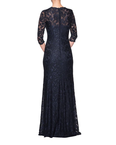 Shop La Femme Sweetheart 3/4-sleeve Lace Column Gown W/ Sequins In Navy