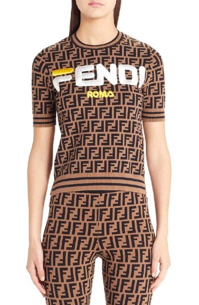 Shop Fendi Sport Logo Short Sleeve Sweater In Brown
