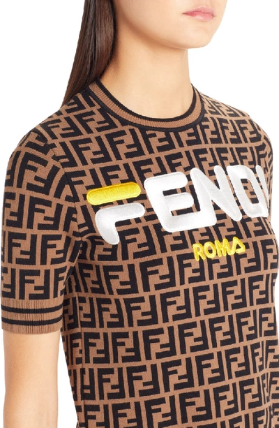 Shop Fendi Sport Logo Short Sleeve Sweater In Brown