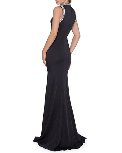 Shop Ieena For Mac Duggal High-neck Sleeveless Bodycon Gown W/ Beaded Trim In Black