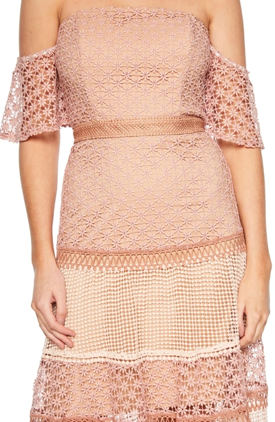 Shop Bardot Kristen Off The Shoulder Lace Midi Dress In Dusty Rose