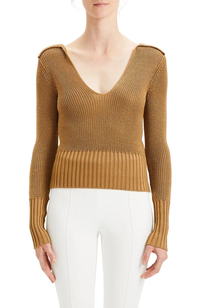 Shop Theory Back Collar Ribbed Plunge Neck Sweater In Toffee