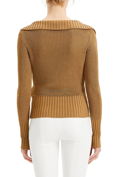 Shop Theory Back Collar Ribbed Plunge Neck Sweater In Toffee