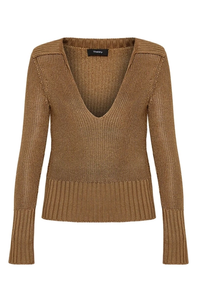 Shop Theory Back Collar Ribbed Plunge Neck Sweater In Toffee