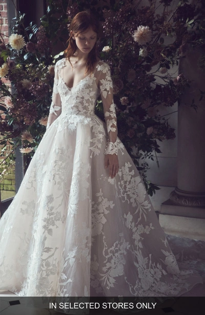 Shop Monique Lhuillier Maeve Long Sleeve Illusion Lace Wedding Dress In Silk White / Cameo