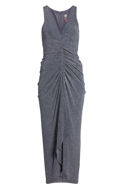 Shop Vince Camuto Ruched Glitter Knit Gown In Steel