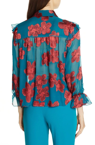 Shop Alice And Olivia Ziggy Ruffle Sleeve Blouse In Daisy Teal/ Cherry