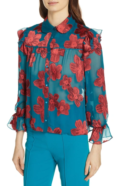 Shop Alice And Olivia Ziggy Ruffle Sleeve Blouse In Daisy Teal/ Cherry