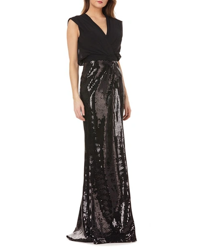 Shop Kay Unger Sleeveless Column Gown W/ Sequin Skirt In Black