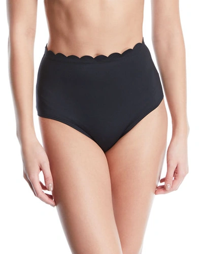 Shop Kate Spade Scalloped High-waist Bikini Swim Bottoms In Black