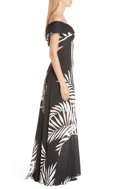 Shop Johanna Ortiz Palm Print Silk Off The Shoulder Maxi Dress In Black Off White
