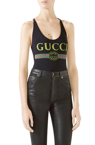 Shop Gucci Logo One-piece Swimsuit In 1082 Black/ Multicolor
