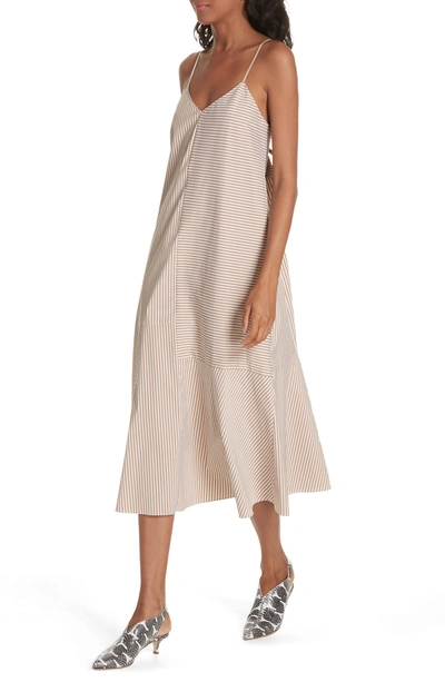 Shop Tibi Kaia Stripe Flared Midi Dress In Khaki/ White Multi