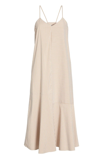 Shop Tibi Kaia Stripe Flared Midi Dress In Khaki/ White Multi