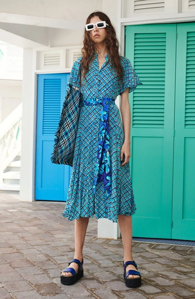Shop Michael Kors Madras Silk Crepe De Chine Midi Dress In Turquoise Multi