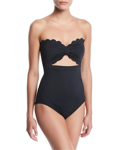 Shop Kate Spade Scalloped Cutout Bandeau One-piece Swimsuit In Black