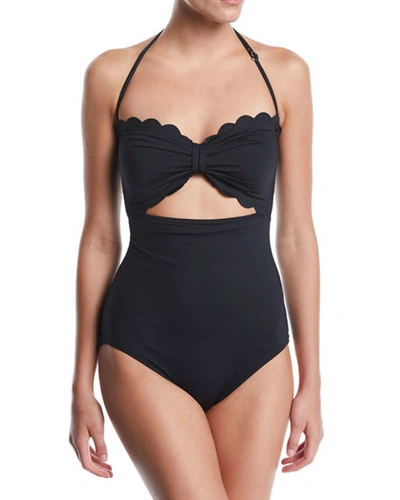 Shop Kate Spade Scalloped Cutout Bandeau One-piece Swimsuit In Black