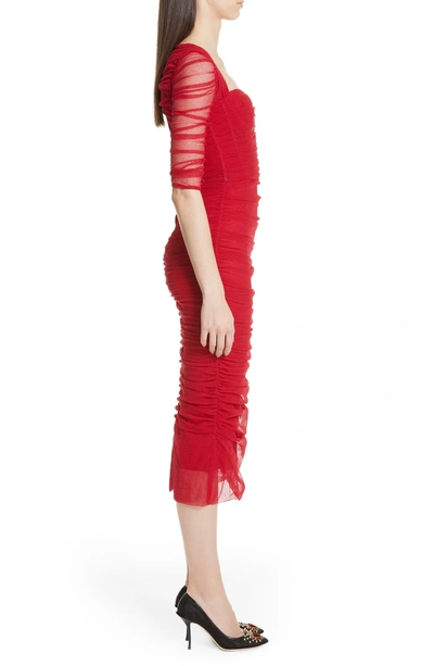 Shop Dolce & Gabbana Ruched Tulle Body-con Dress In Red
