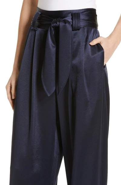 Shop Tory Burch Tie Waist Satin Pants In Tory Navy