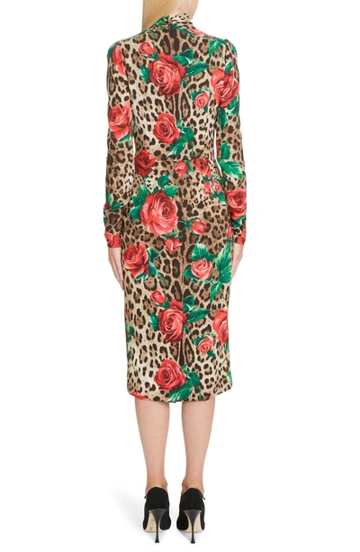 Shop Dolce & Gabbana Rose & Leopard Print Tie Neck Stretch Silk Midi Dress In Hkirs Rose Leo