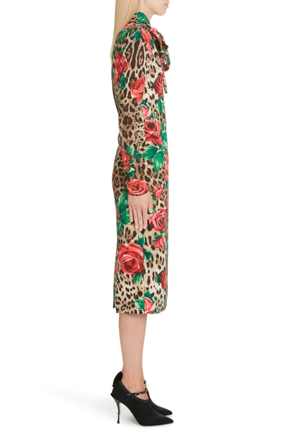 Shop Dolce & Gabbana Rose & Leopard Print Tie Neck Stretch Silk Midi Dress In Hkirs Rose Leo