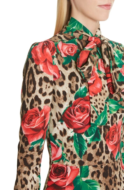 Shop Dolce & Gabbana Rose & Leopard Print Tie Neck Stretch Silk Midi Dress In Hkirs Rose Leo