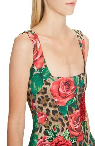 Shop Dolce & Gabbana Embellished Rose & Leopard Print Cady Pencil Dress In Hkirs Rose Leo