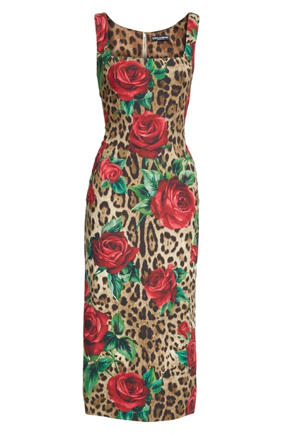 Shop Dolce & Gabbana Embellished Rose & Leopard Print Cady Pencil Dress In Hkirs Rose Leo