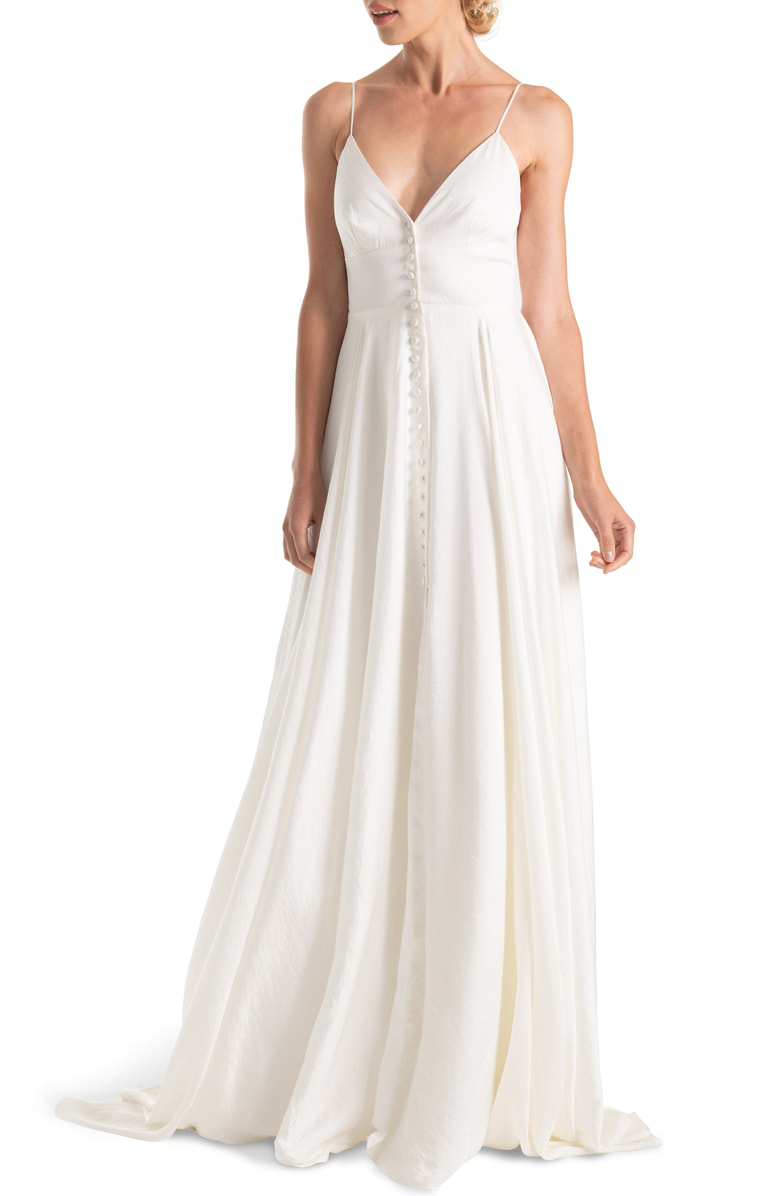 Joanna August Joplin Slit Front Button Up V Neck Wedding Dress In