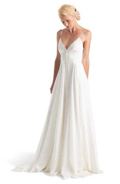 Shop Joanna August Joplin Slit Front Button-up V-neck Wedding Dress In White