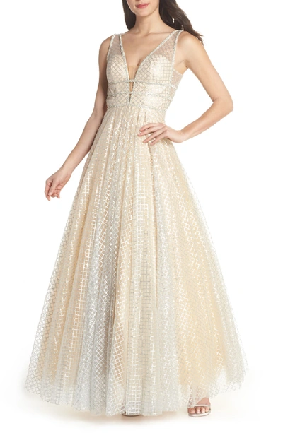 Shop Mac Duggal Sequin Illusion Neck Gown In Nude/ Silver