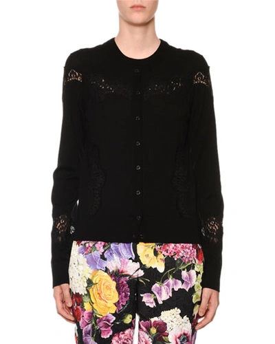 Shop Dolce & Gabbana Crewneck Button-front Lace-inset Cardigan In Black