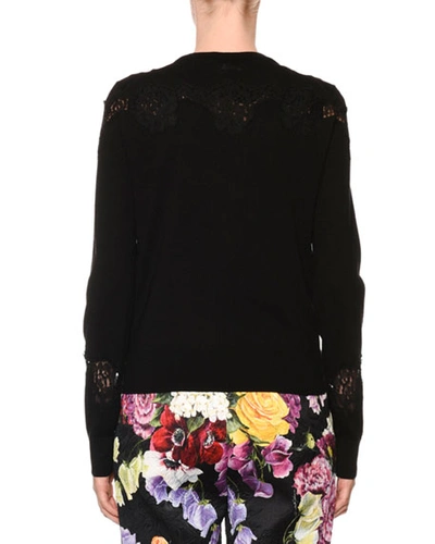 Shop Dolce & Gabbana Crewneck Button-front Lace-inset Cardigan In Black