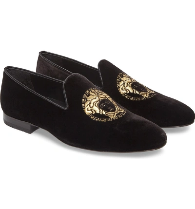 Shop Versace Medusa Embroidered Velvet Loafer In Black/ Gold