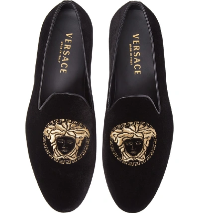 Shop Versace Medusa Embroidered Velvet Loafer In Black/ Gold